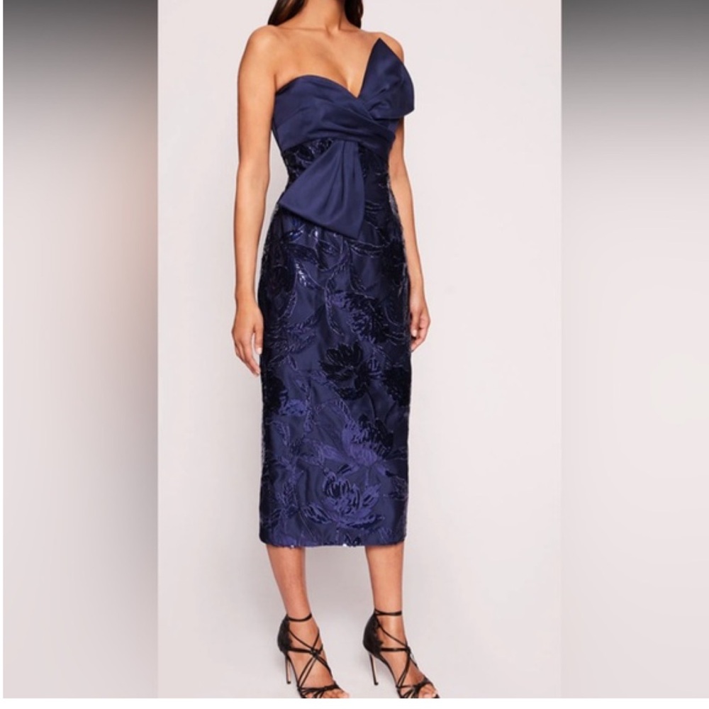 Marchesa Navy Blue Strapless Midi Dress with Draped Bow